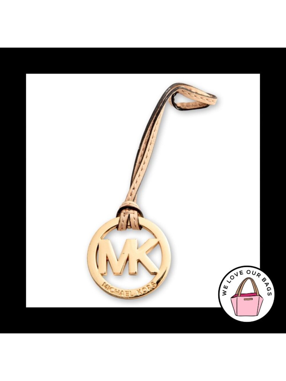 MICHAEL KORS Gold Metal Tan Natural Leather Strap Bag Charm HangTag Keychain Fob